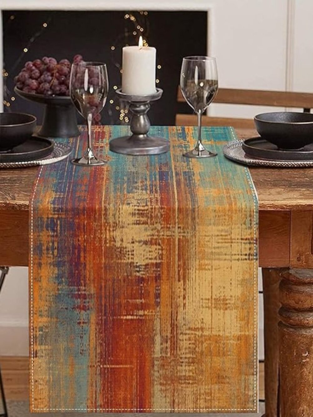 Blue‎ and Orange Table Runner Vintage Abstract Messy Rust Painting